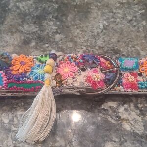 Colorful Floral Embroidered Belt with Tassel